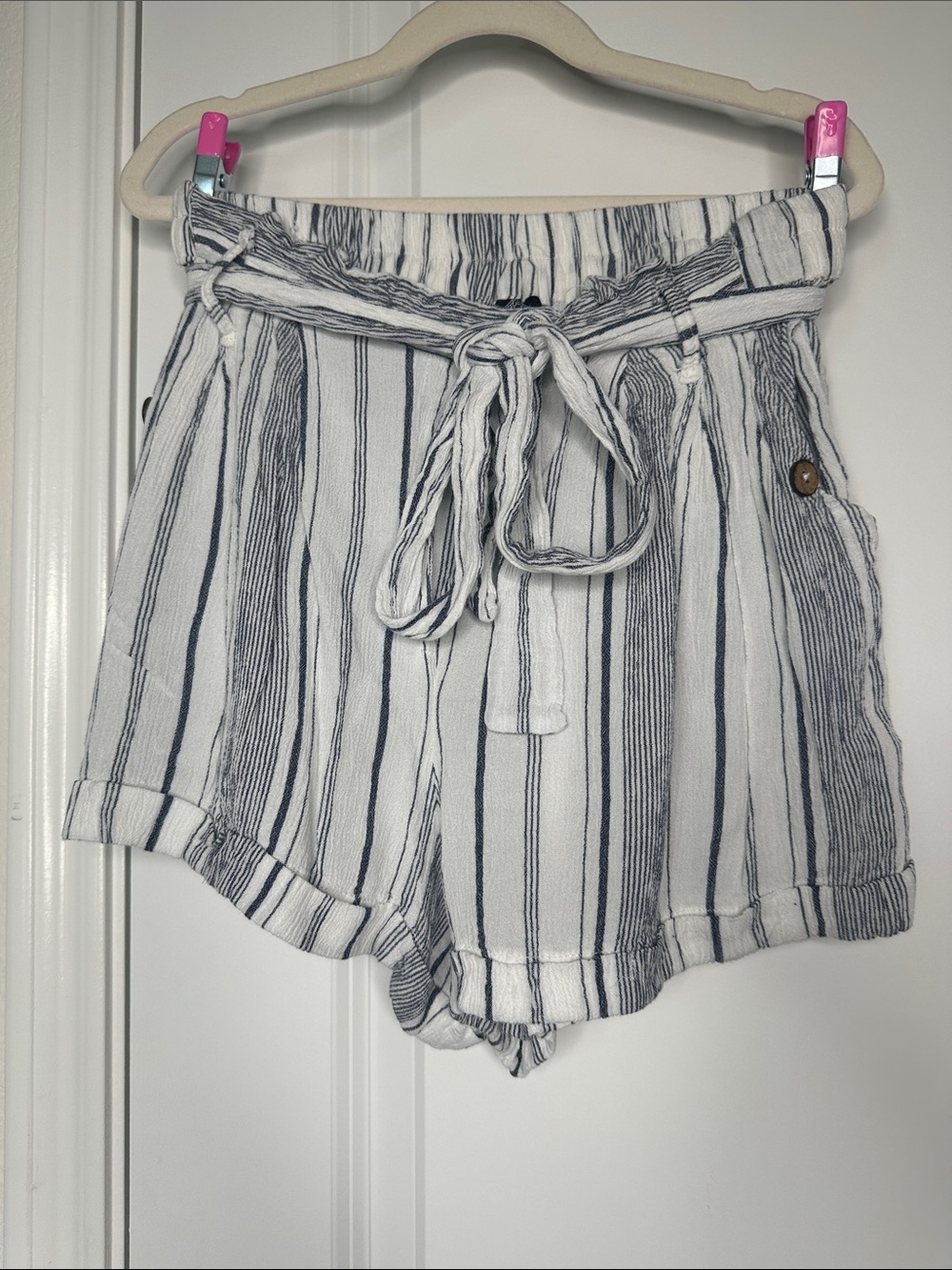 Angie Striped Paperbag Waist Shorts - White with Navy Stripe